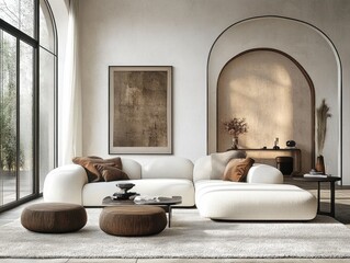 Poster - Modern Living Room Poster Frame Mockup Interior Design Template with Blank Wall Space and Cozy Atmosphere
