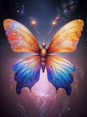 Wall Mural - A vibrant butterfly with luminescent wings in shades of orange, pink, and blue is set against a cosmic background filled with stars. Its graceful form is highlighted by a glowing light at the center