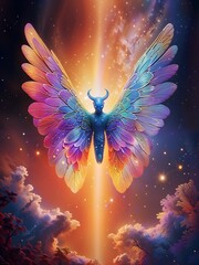Wall Mural - A mystical creature with vibrant rainbow-colored wings appears to be emerging against a cosmic backdrop. The scene is filled with stars, clouds, and an ethereal glow, creating a sense of wonder 