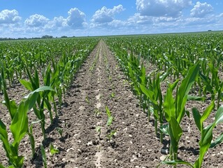 Wall Mural - rows of sprouting corn plants in a large, well-kept field