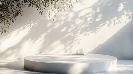 Aufkleber - Minimalistic Circular Platform With Soft Dappled Sunlight And Leaf Shadows On White Surface For Organic Cosmetic Beauty Treatment