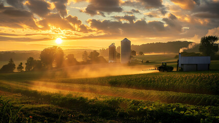 Wall Mural - Sunrise over Farmland with Tractor Spraying Crops