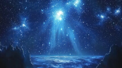Poster - Cosmic Deep Blue Landscape with Glowing Stars and Soft Light Effects in Surreal Art Style
