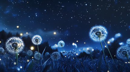 Wall Mural - A serene night scene featuring a field of dandelions gently illuminated under a starry sky. The dandelion flowers appear ethereal, surrounded by a deep blue hue that adds a calming atmosphere. The sta