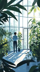 Wall Mural - worker in a tomato greenhouse, checking plants health