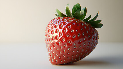 Sticker - A single, ripe strawberry with vibrant red skin and green leaves is presented against a minimalist beige backdrop.  The image highlights the glossy texture and minute details of the fruit.