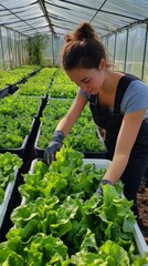 Wall Mural - young woman harvesting lettuce in a greenhouse, focused on sustainable agriculture