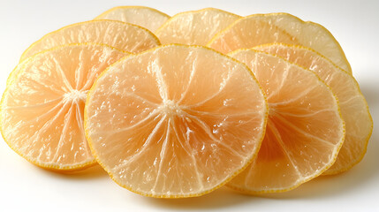 Sticker - Close-up of several juicy, translucent slices of a pale orange citrus fruit, possibly a grapefruit or pomelo, arranged artfully on a white background.