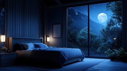 Poster - Serene bedroom with moonlit mountain view at night