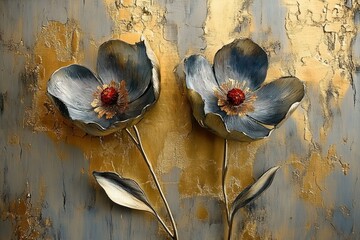 Poster - Elegant Metallic Flowers on Textured Gold and Gray Background