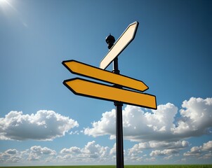 blank vintage signpost with three planks in opposite way. mock up, template on sky backgroundnya