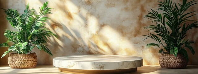Poster - Marble Pedestal Display Natural Light Plants Minimalist Scandinavian Design Interior Showcase