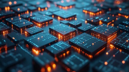 Abstract digital data network, glowing cubes, technology concept.