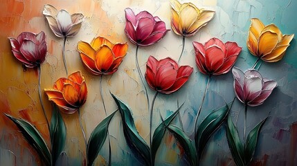 Aufkleber - Vibrant Tulip Flowers Artwork in Colorful Display with Textured Background