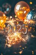 © Andrii Savchuk - Golden '2025' balloons surrounded by sparkling fireworks and glowing confetti