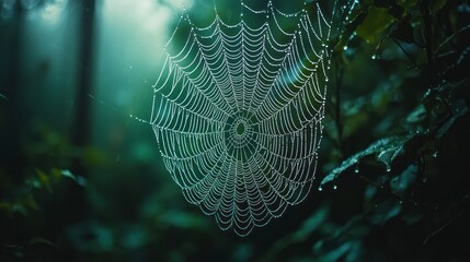 Spider web with dew drops in rain forest, natural background.