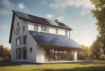 New suburban house with a photovoltaic system on the roof Modern eco friendly passive house with sol