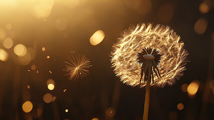 Wall Mural - A close-up image of a dandelion puffball illuminated by warm sunlight, creating a glowing effect. The dandelion stands prominently against a soft golden background with bokeh effects, where small part