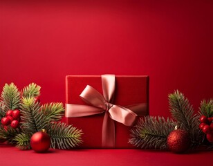 a christmas gift wrapped in elegant red paper and tied with a satin ribbon, placed against a rich re