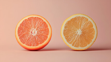 Sticker - Close-up of a halved grapefruit and lemon against a pale pink background.  Vibrant colors and juicy texture are highlighted.