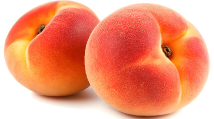 Sticker - Two ripe, juicy peaches sit side-by-side against a pristine white background. Their fuzzy skin glows with a vibrant blend of orange and red hues, showcasing their freshness and sweetness.