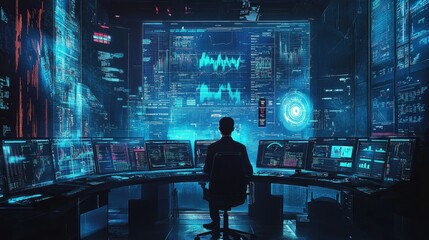 Hacker monitoring data on multiple screens in dark room.