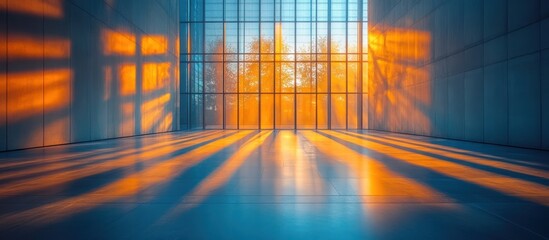 Wall Mural - Sunset light streams through large window into modern building, illuminating empty interior space.