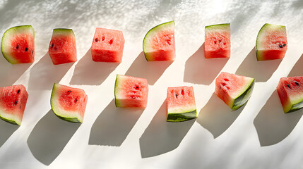 Canvas Print - Freshly cut watermelon cubes arranged in rows on a white background.