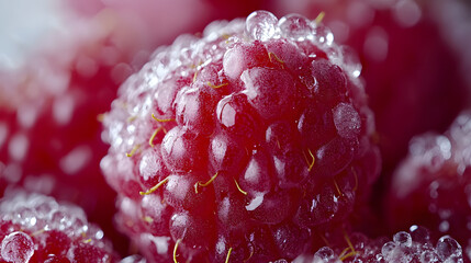 Canvas Print - Close-up shot of fresh, juicy raspberries covered in tiny ice crystals.  The vibrant red color and glistening texture are emphasized, highlighting their freshness and appeal.