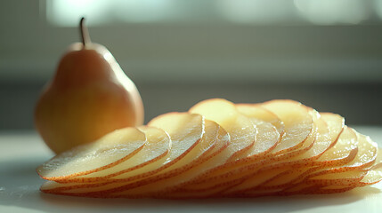 Wall Mural - Thinly sliced pears arranged in a visually appealing pattern next to a whole pear. The image evokes a sense of freshness and simplicity, ideal for culinary or food-related contexts.