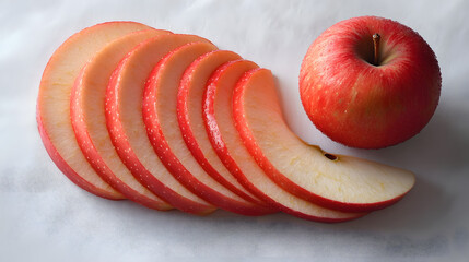 Wall Mural - A whole red apple and several thin slices arranged artfully on a white background.  The vibrant color and juicy texture are appealing.