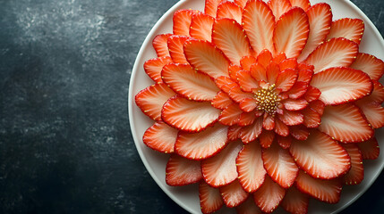 Canvas Print - A stunning strawberry flower arrangement artfully crafted on a white plate.  Each slice is meticulously placed, creating a vibrant and visually appealing design.