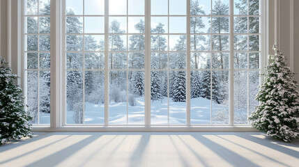 Wall Mural - White window close-up with a beautiful winter landscape view