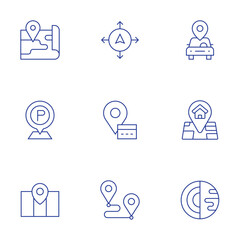 Map icons set. Thin Line style, editable stroke. car sharing, destination, geography, map, navigation, parking, placeholder, route