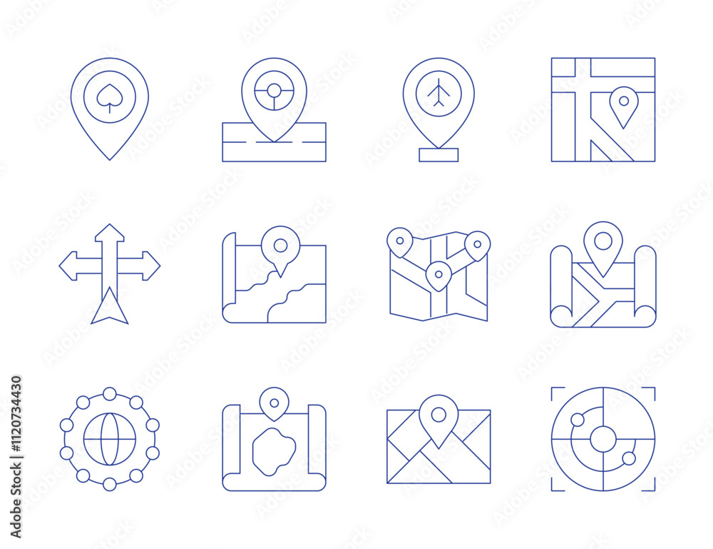 Map icons. Thin Line style, editable stroke. casino, direction, global ...