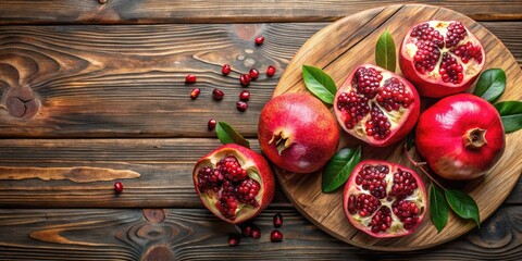 Wall Mural - Whole and peeled ripe pomegranates on wooden board, top view, ripe, fresh, pomegranates, fruit, whole, peeled, juicy