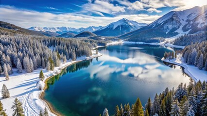 Wall Mural - aerial view of a snowy mountain lake in winter, mountain, lake, winter, snow, aerial view, cold, fro