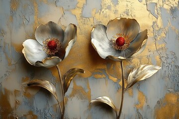 Poster - Elegant Metallic Flowers on Textured Gold Gray Background