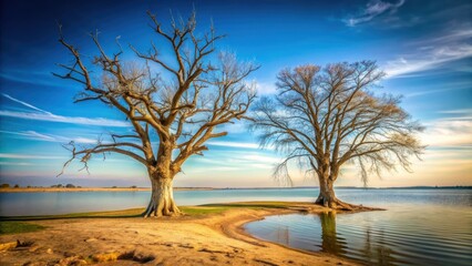 Wall Mural - Two dry trees standing on a river shore , nature, landscape, riverbank, bare, branches, serene, tranquil, reflection