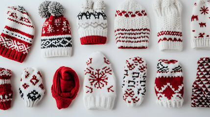 A collection of cozy winter knit hats and mittens in red and white with festive patterns. Perfect for a snowy holiday season.