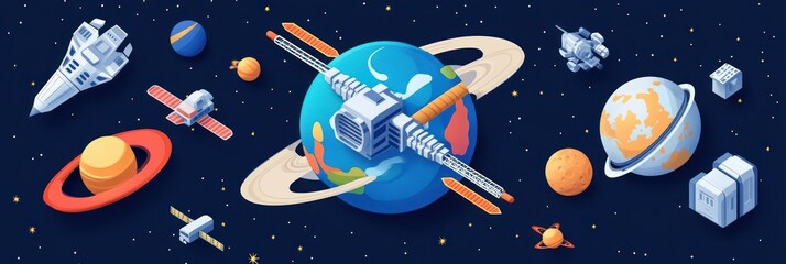 Wall Mural - colorful space-themed illustration with planets and satellites.
