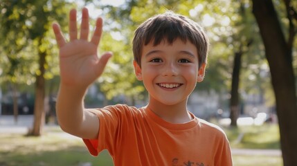 Happy Boy Waving Hello in Park