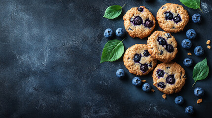 Wall Mural - Wholesome blueberry biscuit cookie, nutritious top view organic copy space, healthful ingredient calories baked gluten free, natural fresh homemade, rustic traditional delicious.