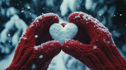 Sticker - Heart made of snow held by red-gloved hands in a winter wonderland setting