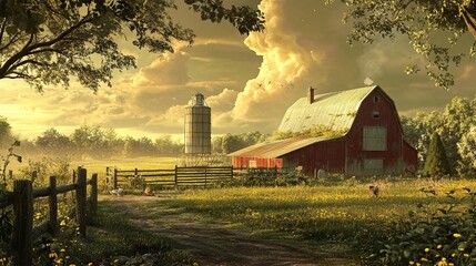 Canvas Print - Tranquil Sunset over a Rustic Farm