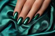 © InfiniteStudio - Beautiful green metallic manicure on well-groomed hand resting on soft satin fabric
