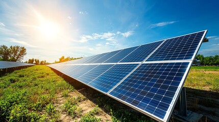 Solar farm extending across desert landscape, wideangle, bright daylight, showcasing largescale renewable energy