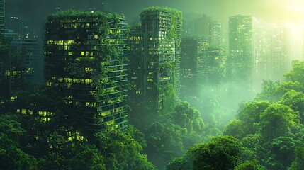 Urban forest with highrise ecofriendly buildings, sustainable future, Net Zero