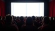 © Studenkova - Silhouettes of audience in cinema or theater. People sitting in red auditorium chairs and looking at white blank screen waiting for a movie. Movie viewing session. Screening of film. Copy space