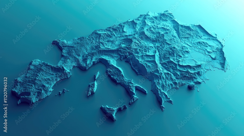 3D topographic map of Europe, showing mountains and valleys in teal ...